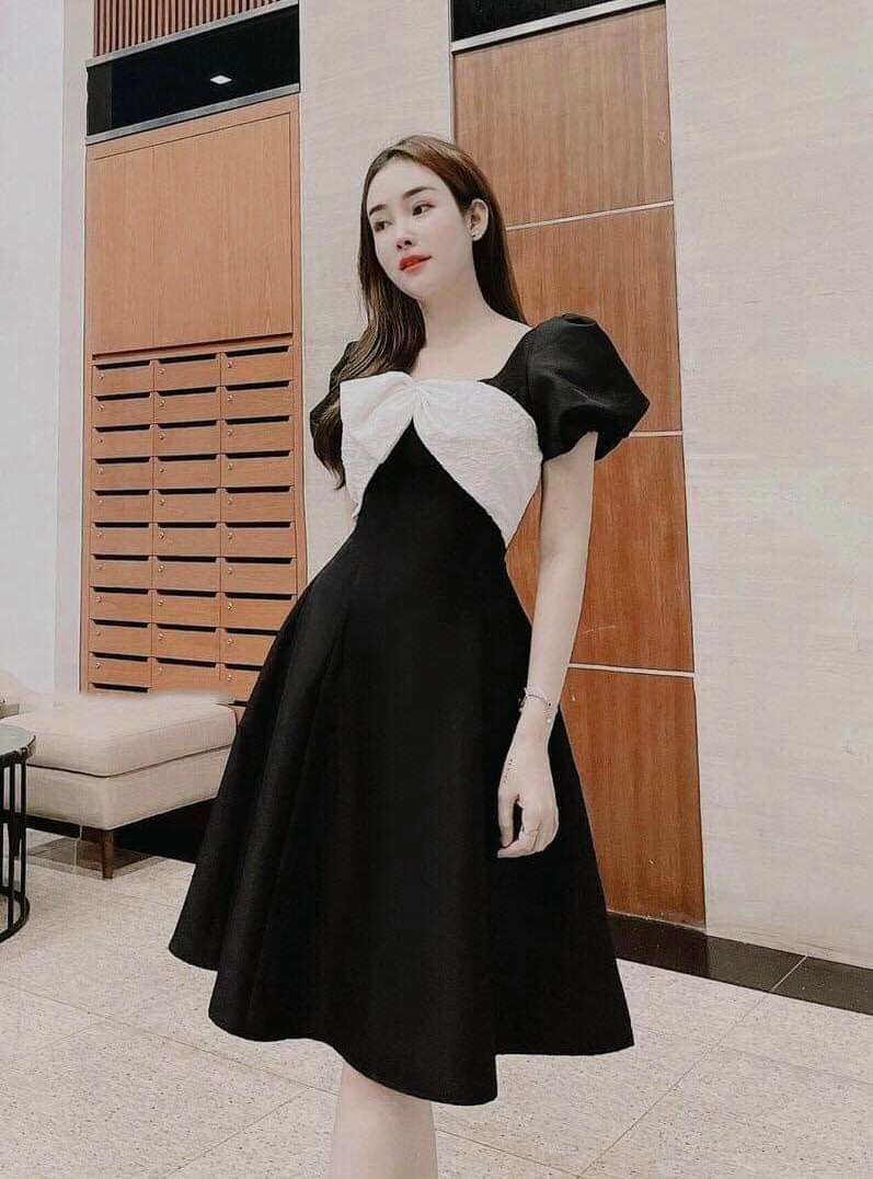 Đầm Xòe Phối Trắng Đen