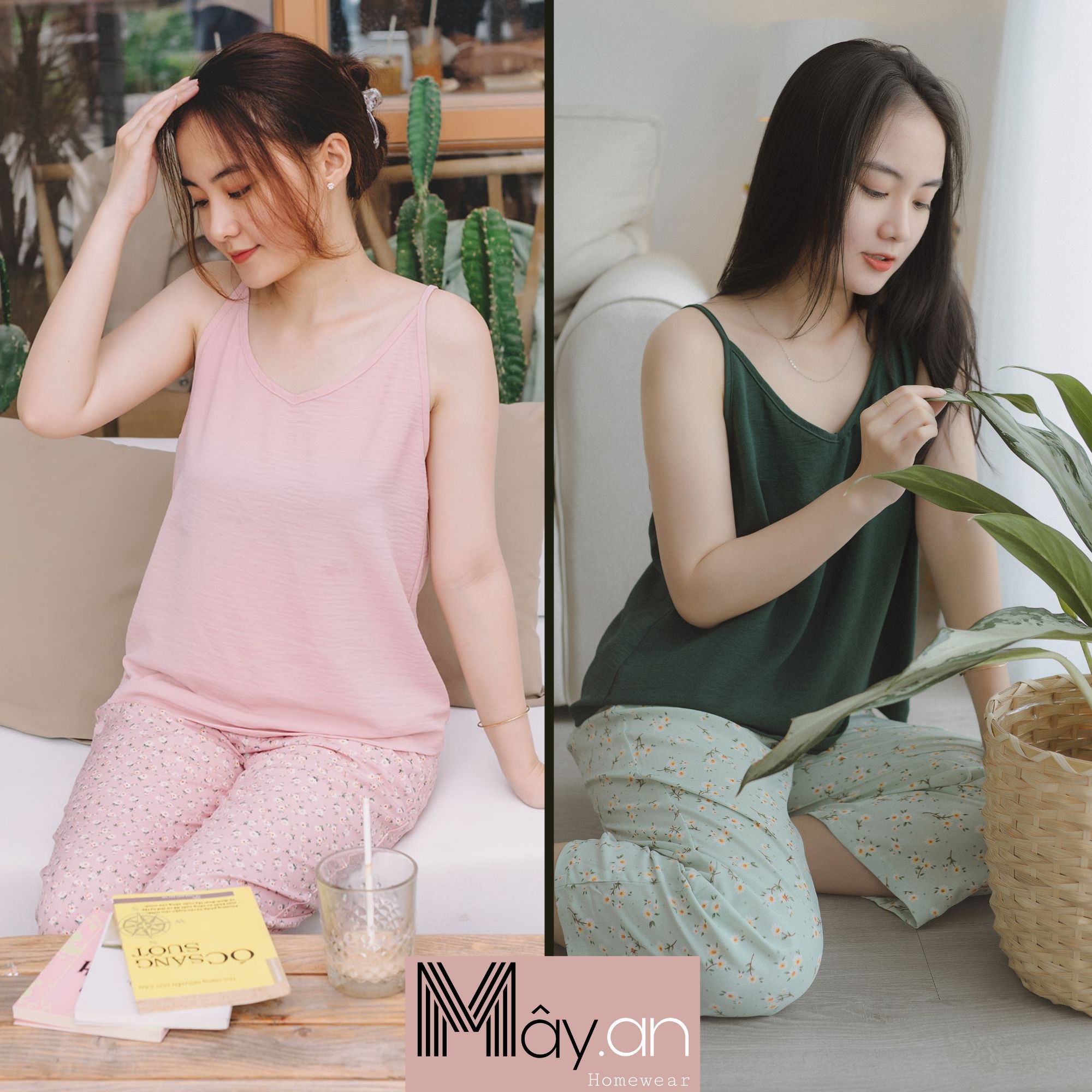 Đồ mặc nhà MÂY áo 2 dây lụa Hàn quốc quần dài lụa mango hoa nhí
