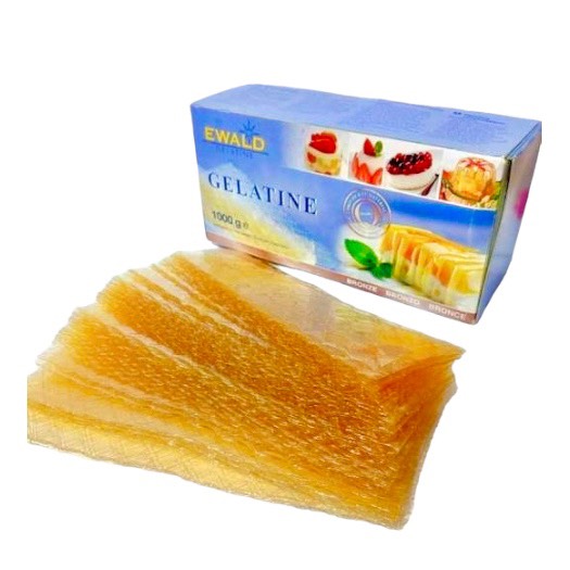 Hộp 1kg Lá Gelatine Ewald Đức (3.4g/lá) làm đông bánh kẹo, thạch, nấu chè, panna cotta