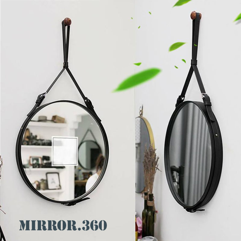 (Size 50cm) Gương Tròn Treo Tường Viền Da Simili (Màu đen). Tặng kèm phụ kiện treo gương.