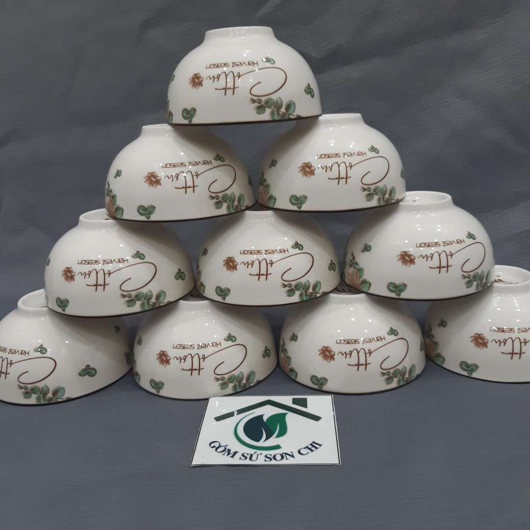 Bộ 10 Chén gốm sứ ăn cơm hoa văn 4D các loại hoa viền miệng chén (8 loại viền miệng, 1 loại ko viền)