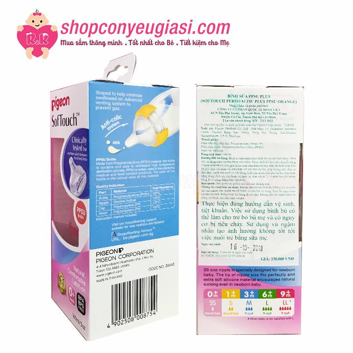 [HCM]Bình Sữa Pigeon Soft Touch PPSU Plus 240ml - Size M 3m+