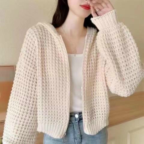Áo khoác len móc có mũ dây kéo bo gấu tay dài | smide clothing