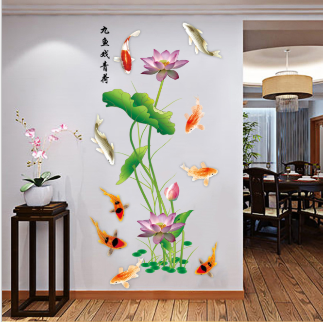 Decal trang trí dán tường Hoa sen và cá sang trọng GLS110