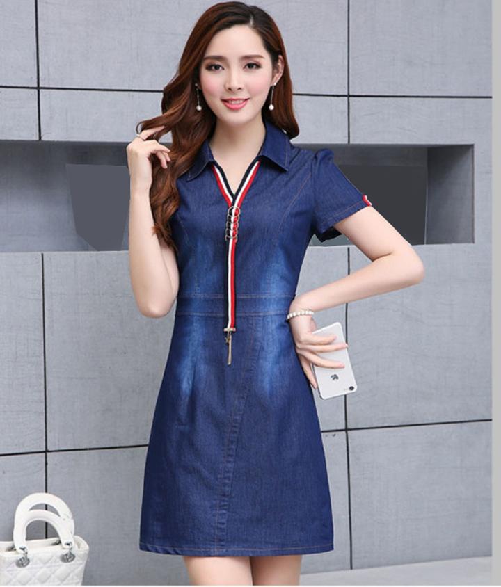 Đầm Jean Nữ Phối Sọc Cổ Sơ Mi Thời Trang