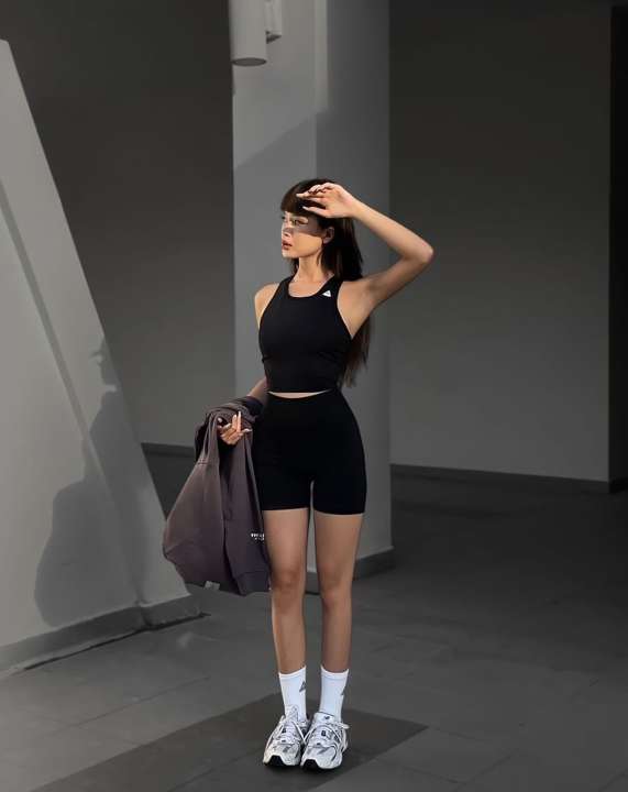 Bộ thể thao nữ Fitme áo bra tập gym Meta đen, quần legging đùi đen co giãn 4 chiều năng động thấm hút tốt