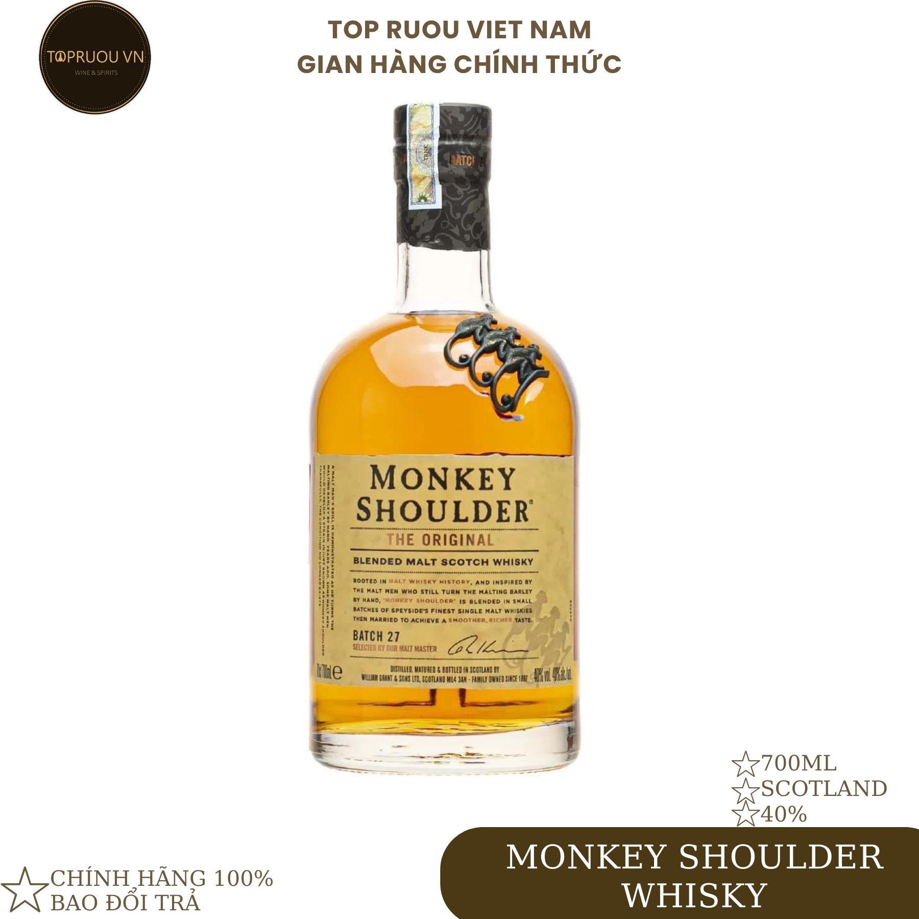 [Top Rượu VN] Rượu Whisky Monkey Shoulder 700ml [Chính Hãng]