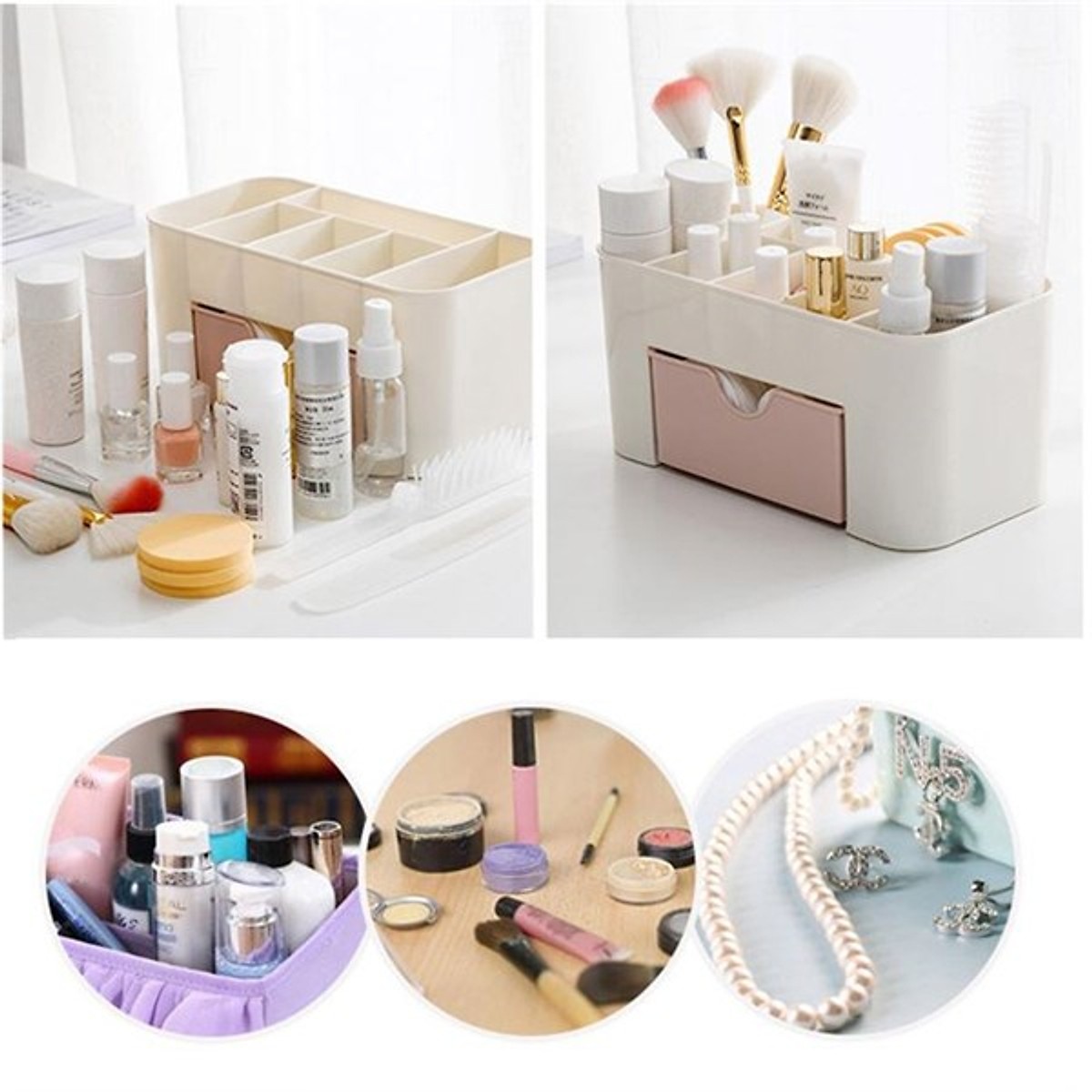 Kệ mỹ phẩm mini có khay và nhiều ngăn thiết kế thông minh kích thước 22x10.7x10.5cm chất liệu nhựa dễ dàng vệ sinh, kệ mỹ phẩm, kệ nhựa đựng mỹ phẩm
