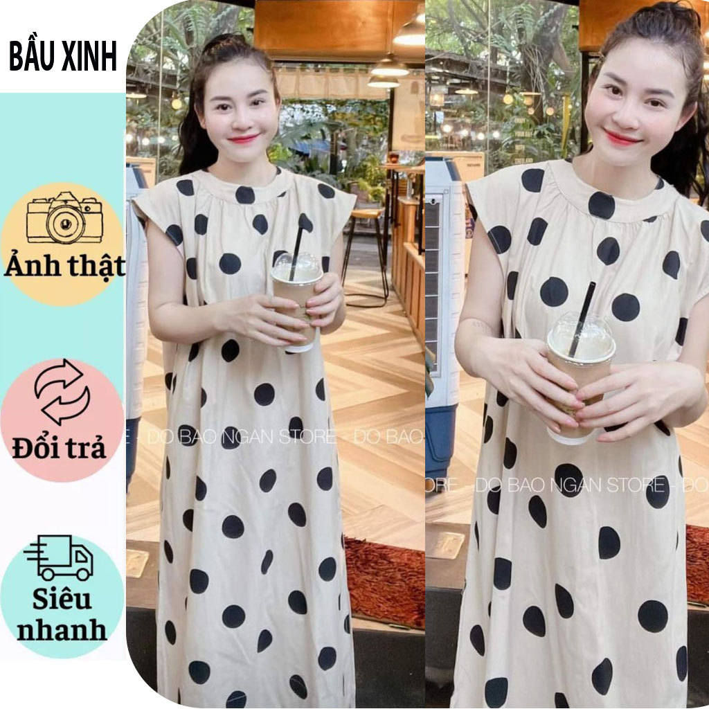 Váy ddaamf bầu công sở dự tiệc thời trang đẹp- thiết kế dáng suông dài maxi tay hến bầu và sau sinh