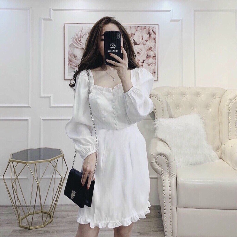 ĐẦM TRẮNG CỔ BÈO, TAY DÀI, NÚT BỌC (có ảnh thật) MS100