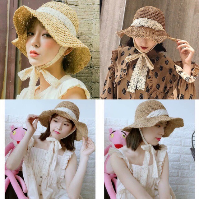 Mũ cói vintage mềm dây buộc dài xinh xắn