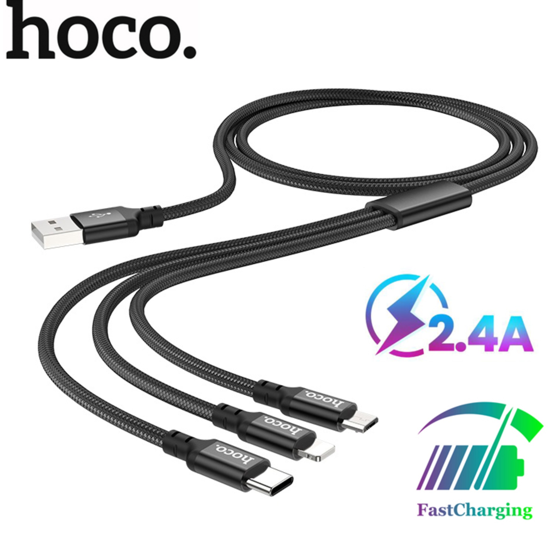 Cáp sạc 3 in 1 Hoco X14 hỗ trợ sạc nhanh 2.4A Max tương thích với tất cả các dòng điện thoại