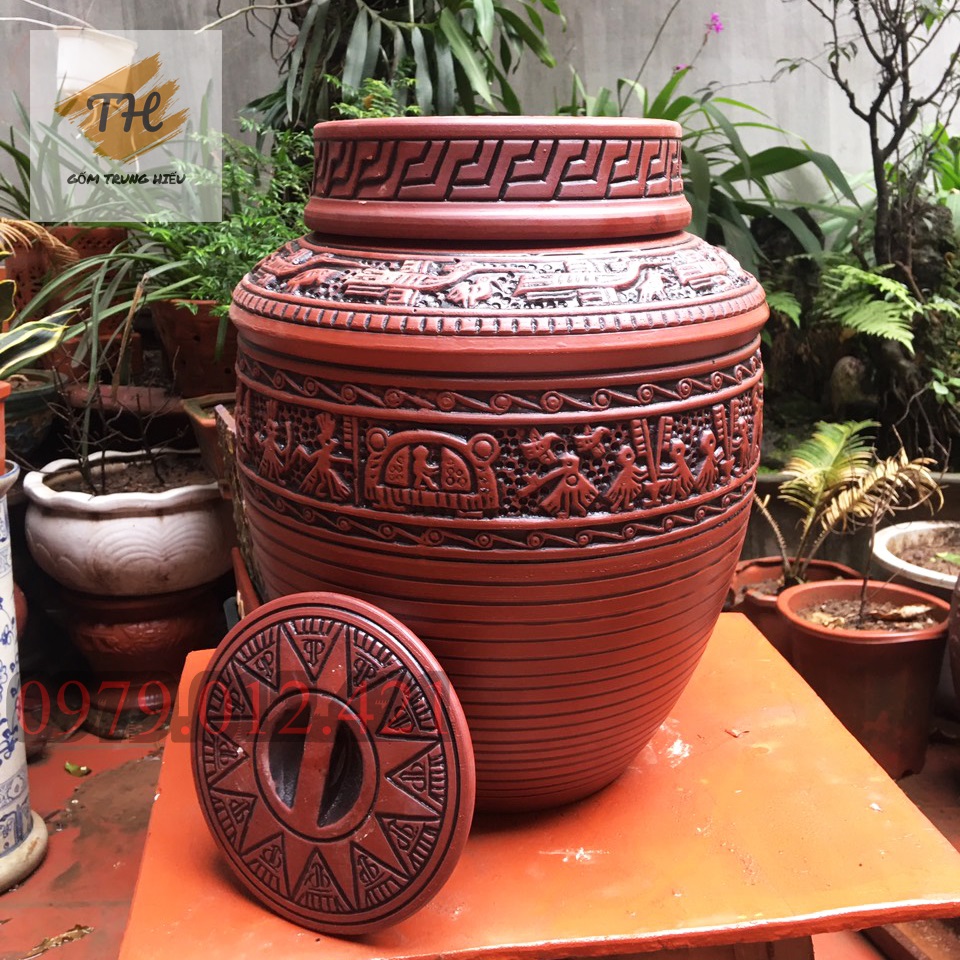 Chum gốm Bát Tràng họa tiết trống đồng Đông Sơn dung tích 10 lít