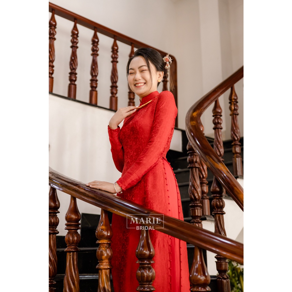 Áo dài cưới [Cam House] chất liệu gấm, đính ngọc trai đỏ