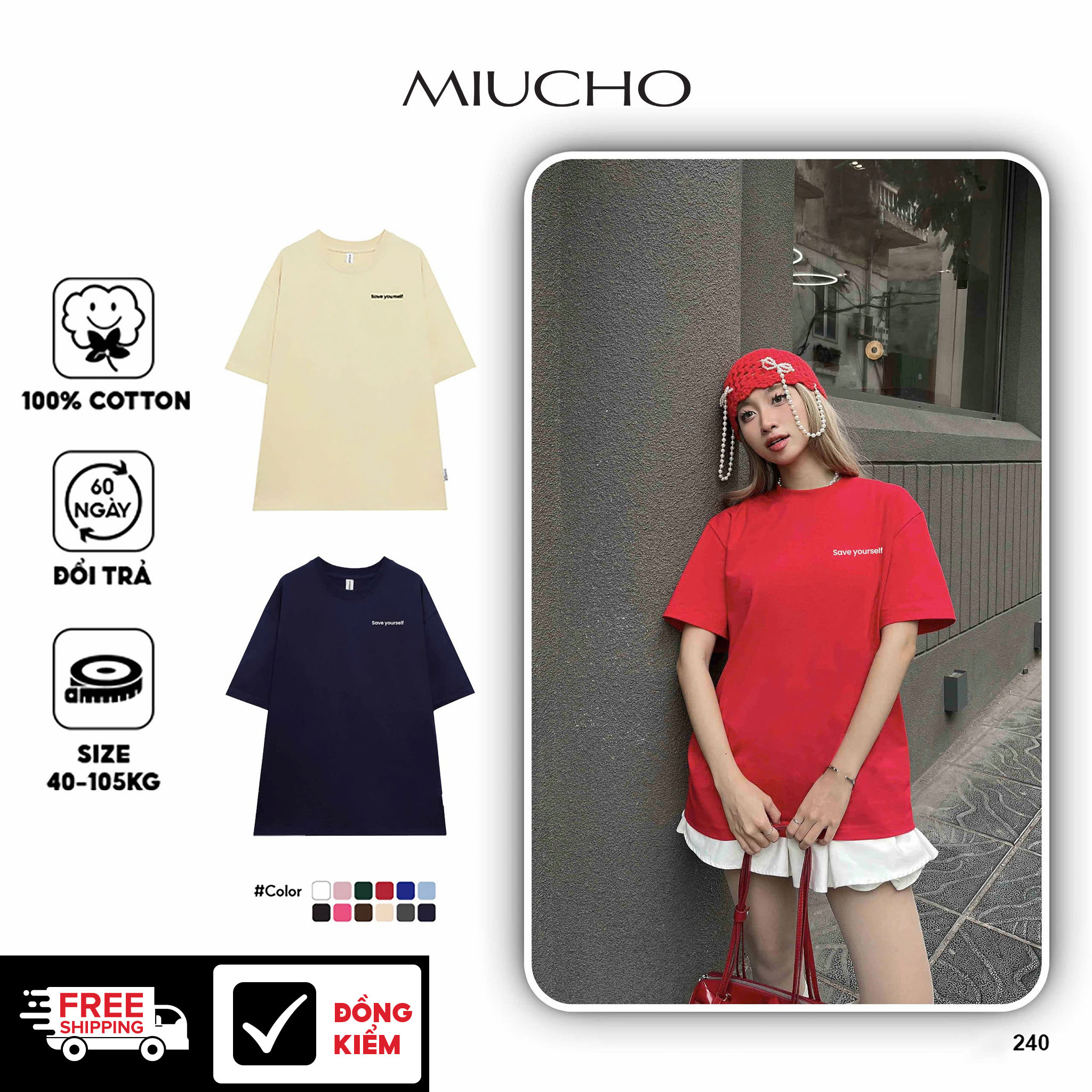 Áo thun nữ form rộng ATD240 Miucho cotton cổ tròn in basic