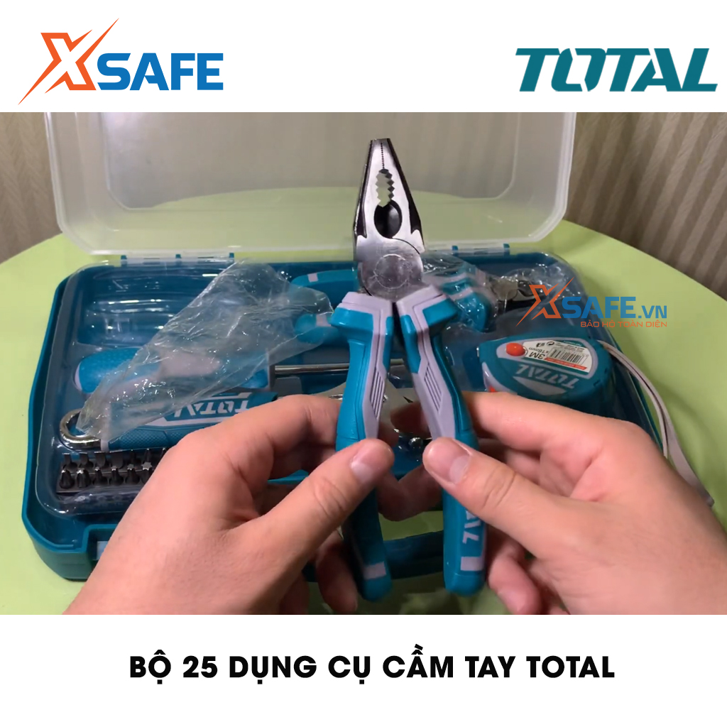 Bộ 25 công cụ dụng cụ cầm tay TOTAL THKTHP90256 phù hợp cho kỹ thuật, công trình, dân dụng.1 cái kiềm kết hợp 7", 1 kiềm cắt chéo 6" , 1 vặn có thể điều chỉnh 8", 1 thước dây,1 chuôi có nam châm 100mm. 20 đầu vít