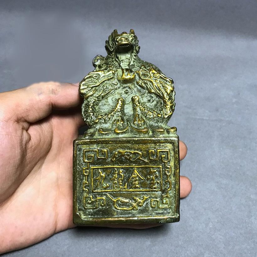 Vật phẩm cửu long kim ấn bằng đồng lên men xanh cỡ tiểu phong thủy Hồng Thắng