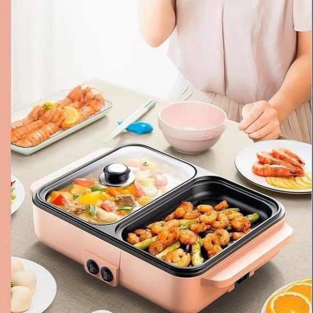 Bếp Điện Nồi Lẩu Nướng 2in1 Màu Hồng Hàn Quốc Siêu Chống Dính Đa Năng Cao Cấp Chiên Nấu 2 Ngăn, có 2 mức nhiệt độ thấp cao siêu tiện lợi,bảo hành 12 tháng Gala Store
