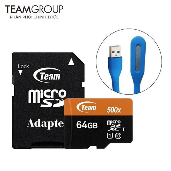 Thẻ nhớ microSDXC Team 64GB 500x upto 80MB/s class 10 UHS-I kèm Adapter (Đen cam) tặng đèn LED USB