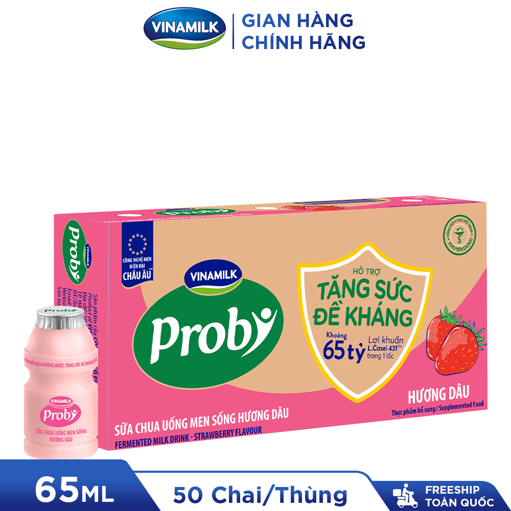 2 Thùng Sữa chua uống Probi Hương Dâu chai 65ml - 50 chai Thùng Yogurt