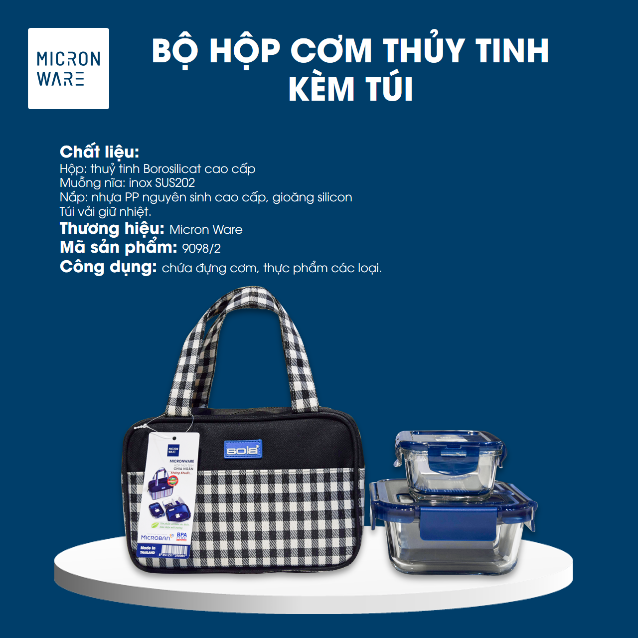 Bộ hộp cơm thủy tinh kèm túi 9098/2