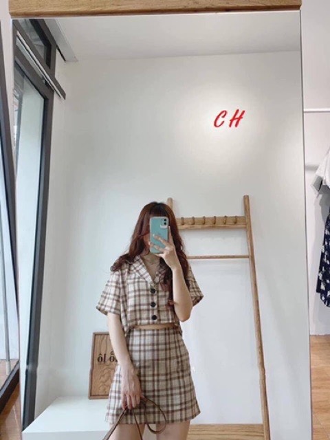 Set Váy Kẻ Caro Set Đồ Nữ Cổ Vest Đơn Giản Dễ Mặc