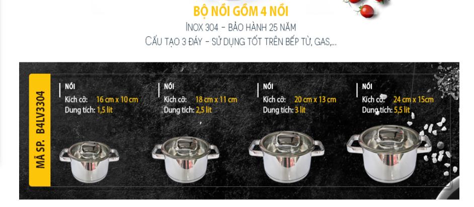 BỘ 4 NỒI INOX 304 FIVESTAR QUAI VUÔNG NẮP KÍNH