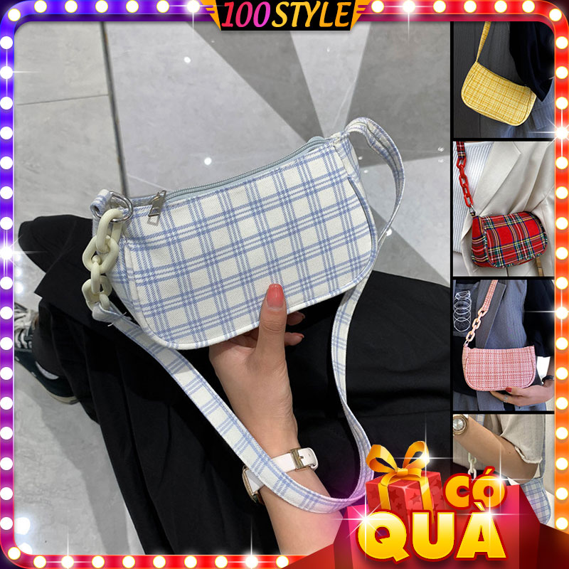Túi Kẹp Nách Phối Dây Xích Vải Caro Xinh Xắn - 100style