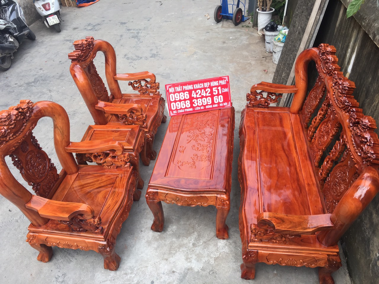 Bộ bàn ghế Nghê 3 Đầu gỗ xà cừ