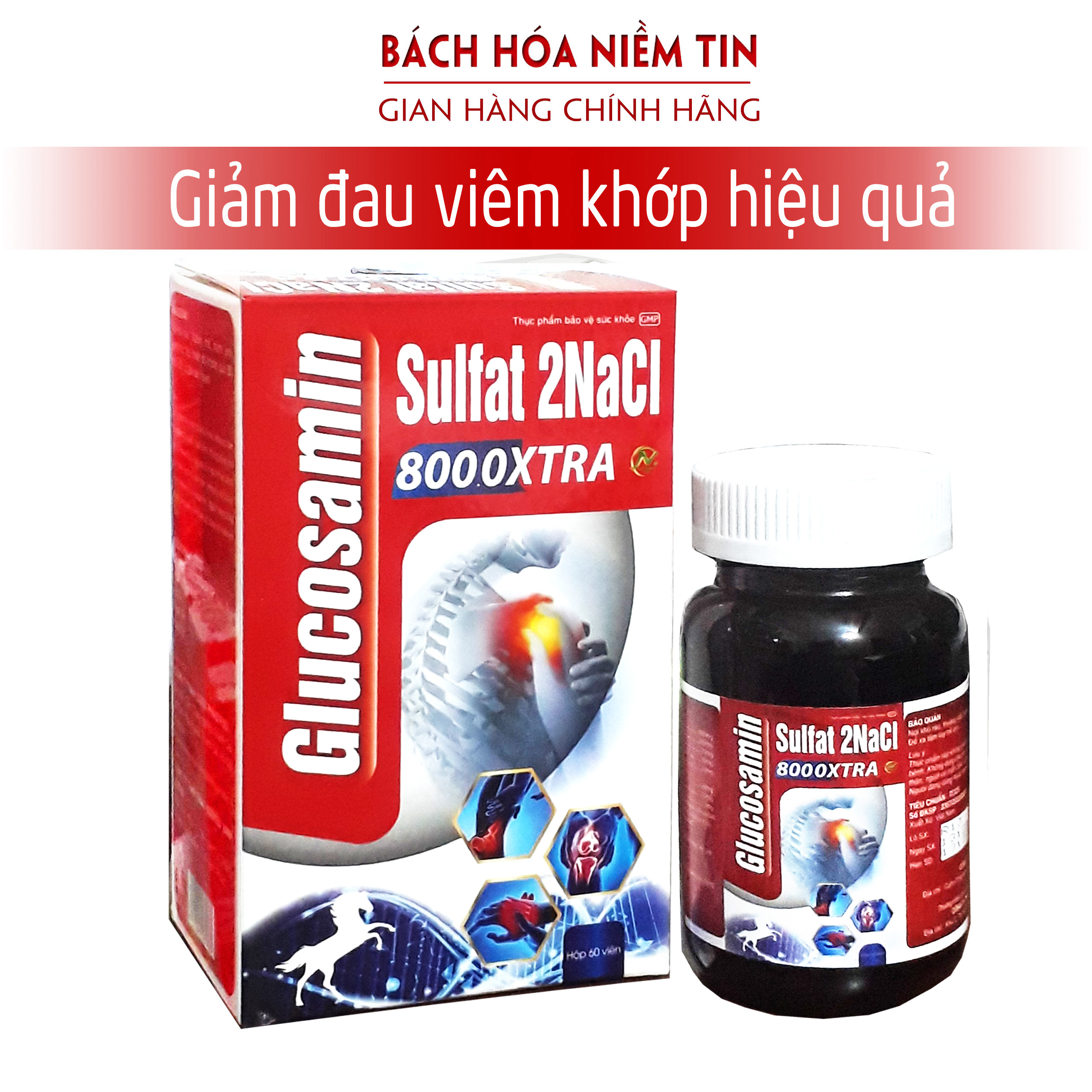 Viên uống GLUCOSAMIN 8000 XTRA - Hết đau nhức xương khớp, thoái hóa cột sống, làm trơn ổ khớp giúp vận động dễ dàng - Hộp 60 viên chuẩn GMP Bộ y tế