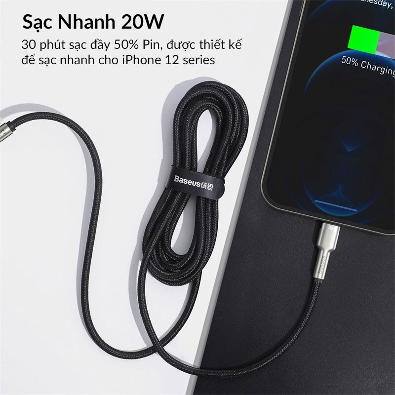 Cáp Sạc Baseus Cafule Series Metal Data Cable USB-C Ra Lightning PD 20W 1M