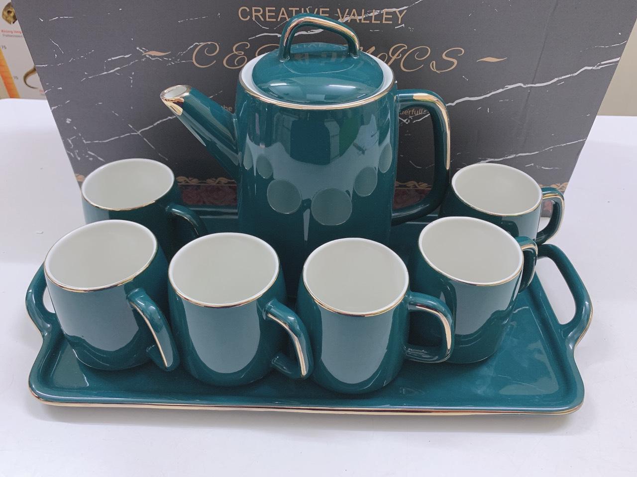 Bộ ấm chén kèm khay sứ cao cấp viền vàng màu xanh cổ vịt, bộ ấm chén kèm khay sứ, bộ tách chén kèm khay sứ màu xanh cổ vịt viền vàng ( Giao giao ngẫu nhiên)