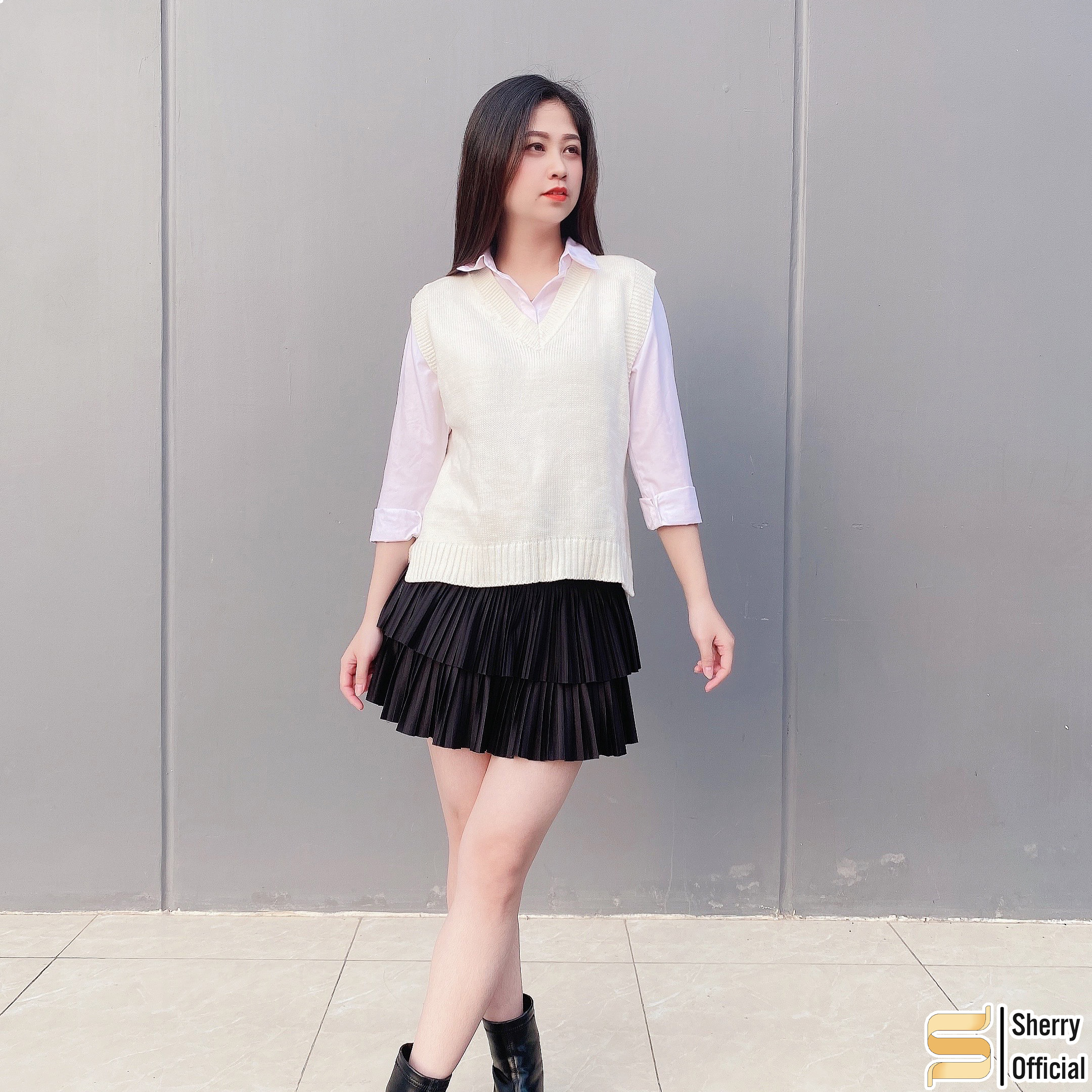 Áo gile len mỏng cổ tim