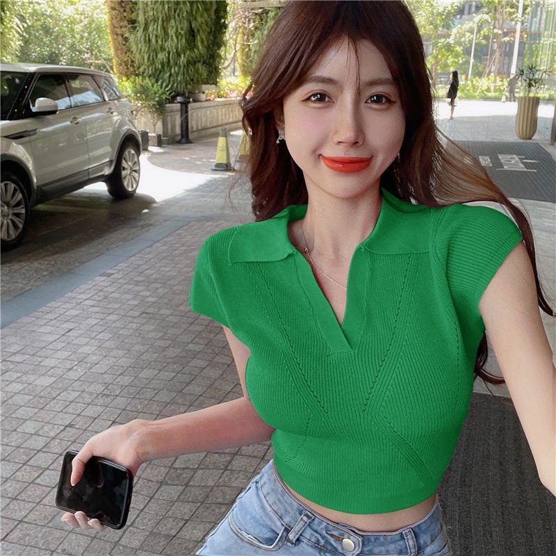 áo len dệt kim cổ V basic tay hến dáng croptop (M98#)