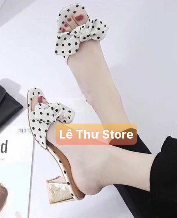 Guốc dép nữ 5 phân quai kết nơ chấm bi gót đồng LT (DGN003)