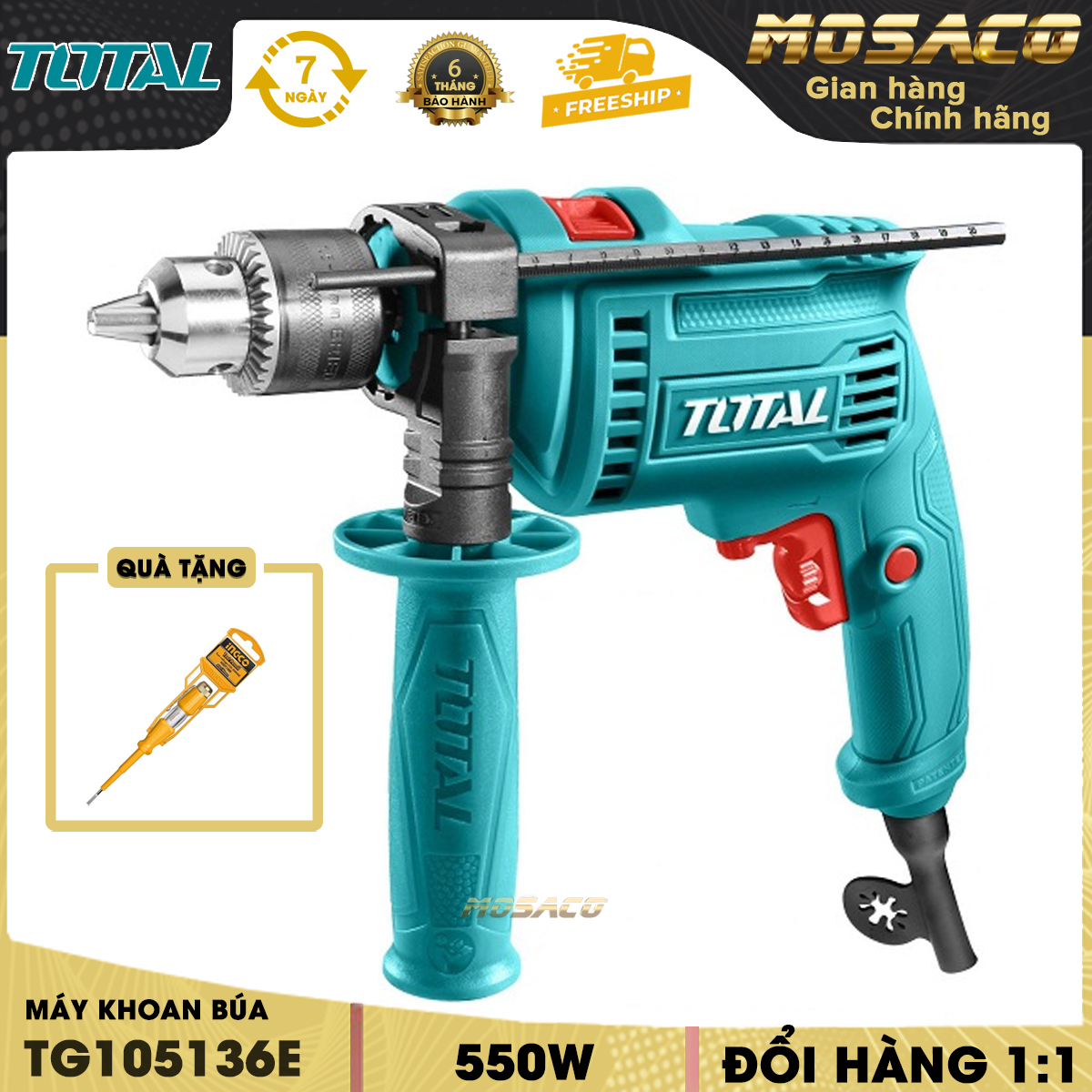 Hammer drill machine 550W total TG105136E switch reversal. Hammer drill machine handheld produced by advanced technology high quality and durability make, there is no load 0 - 3000 vòng/p, drilling capacity maximum 13mm-mosaco