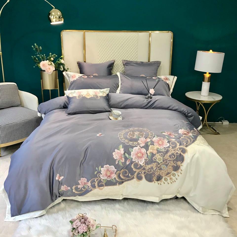 BỘ CHĂN GA GỐI LỤA SILK THÊU HOA HÔNG