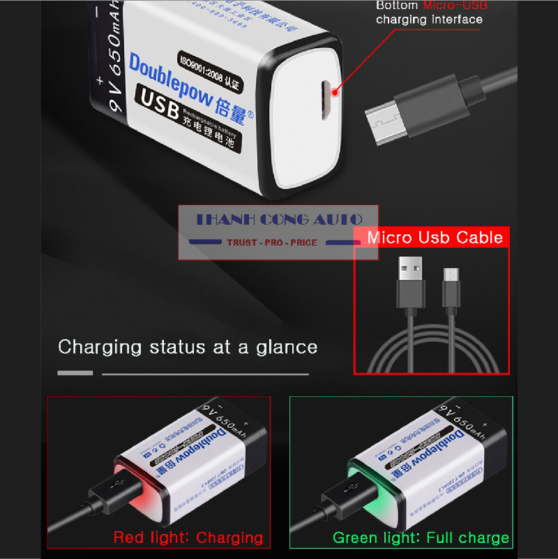 01 viên Pin Sạc Cổng Micro USB Doublepow 9V 6F22 650mAh