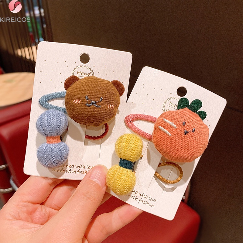 Set 2 Kẹp Tóc Cột Tóc Hình Thú Dễ Thường Và Nơ Len