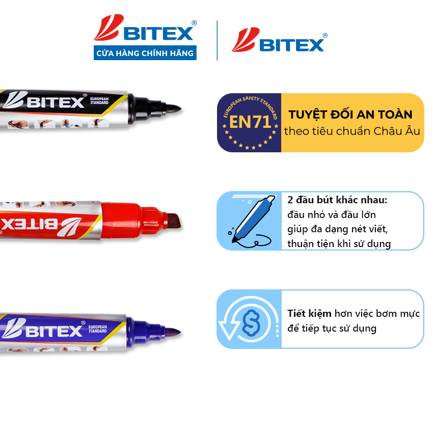 2 cây Bút lông dầu Bitex mực xanh/ Đỏ/ Đen PM01