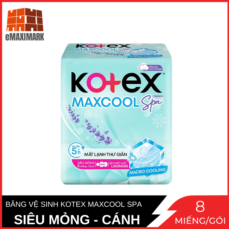 Băng vệ sinh siêu mỏng kotex maxcool mặt bông mềm mại cánh 23cm gói 8 miếng