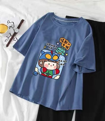 Sét áo cô bé ô vuông + quần suông đen , Áo thun nam nữ, Áo ngắn tay, Quần suông, Quần kẻ, Sét bộ mặc ở nhà FANI