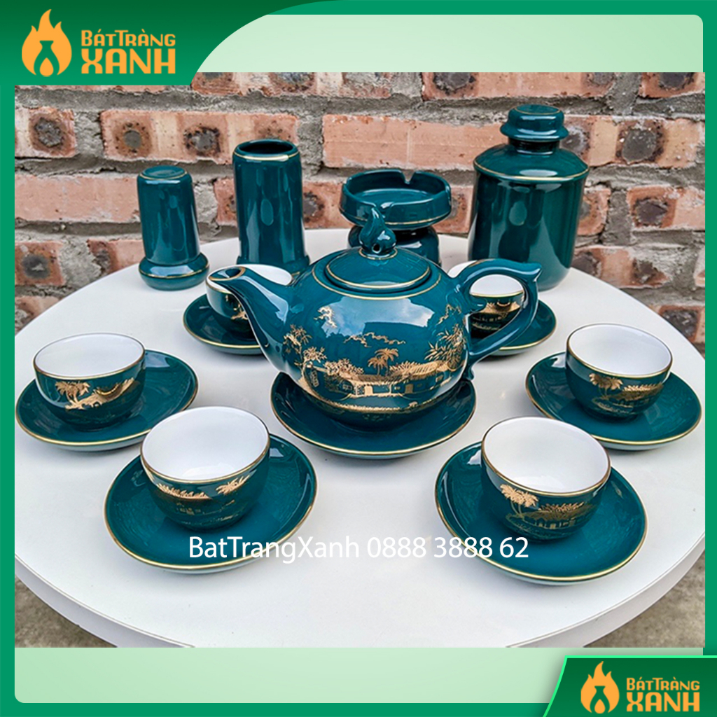 Bộ Ấm Chén Uống Trà, Bộ Ấm Chén Bát Tràng - Mộc Hương Giang Xanh Malat (Xanh Cổ Vịt)
