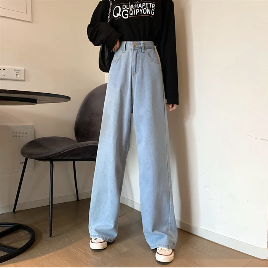 [HCM]⚡️⚡️⚡️dài 100cm ⚡️⚡️⚡️ Quần Ống Suông Rộng Màu Xanh Sáng Vải Denim Xuân Thu Mới 2021 Cạp Cao Quần Ống Đứng Quần Thụng Thường