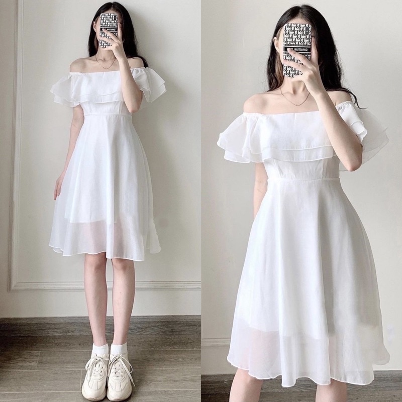 Váy trễ vai xoè vải ánh kim săc trắng... - Miiu Shop Online | Facebook