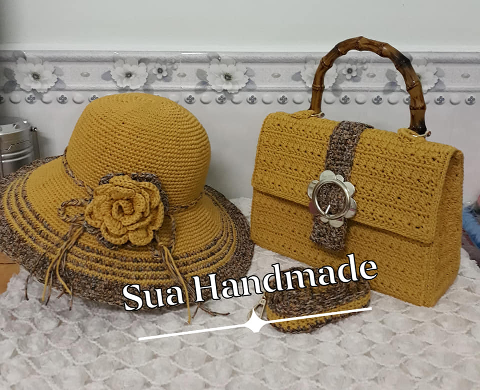 combo túi và nón hoa hồng