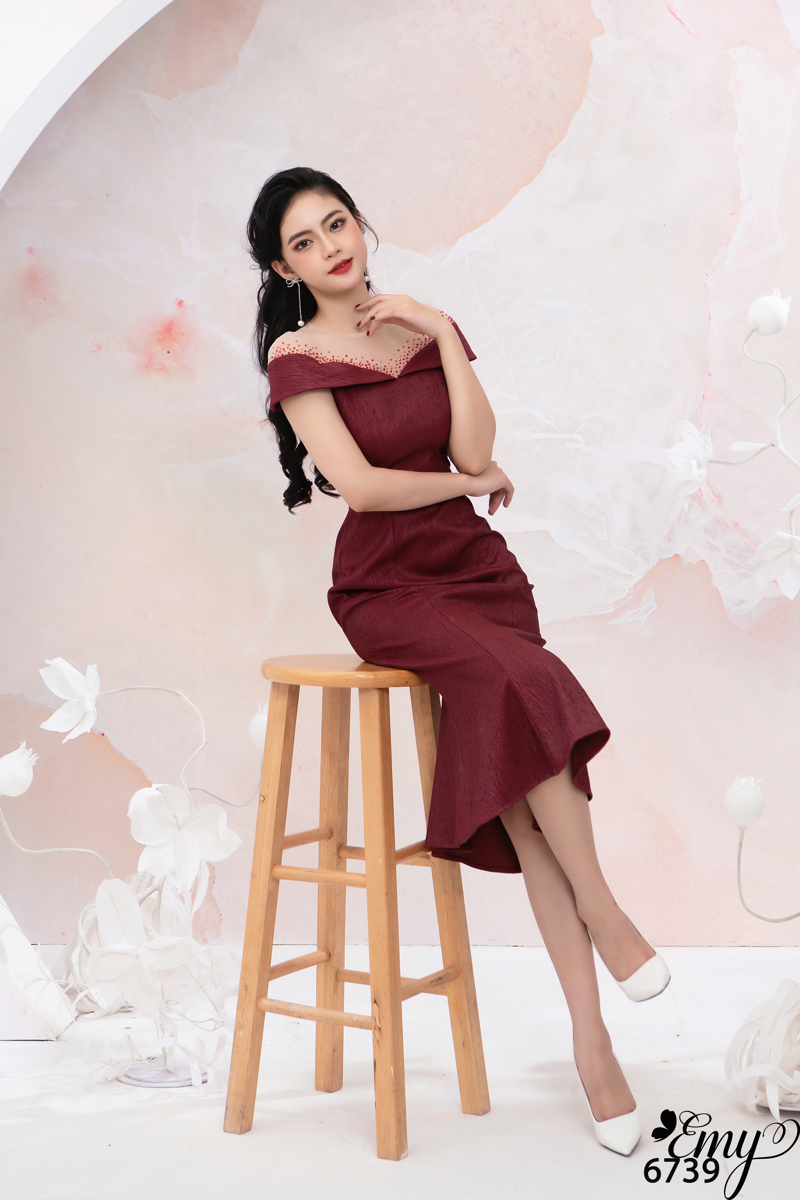 Đầm EMY EM6739 Body Đuôi Cá Phối Lưới