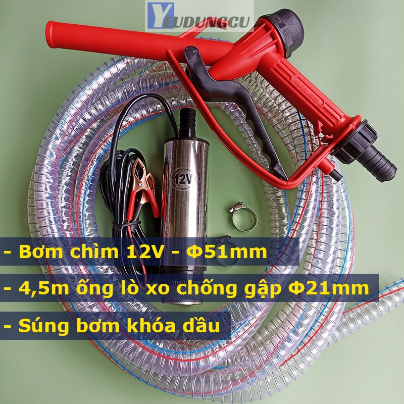 Máy bơm dầu thả chìm trong phi 12V, 24V thân Phi51mm Công suất 60L/phút