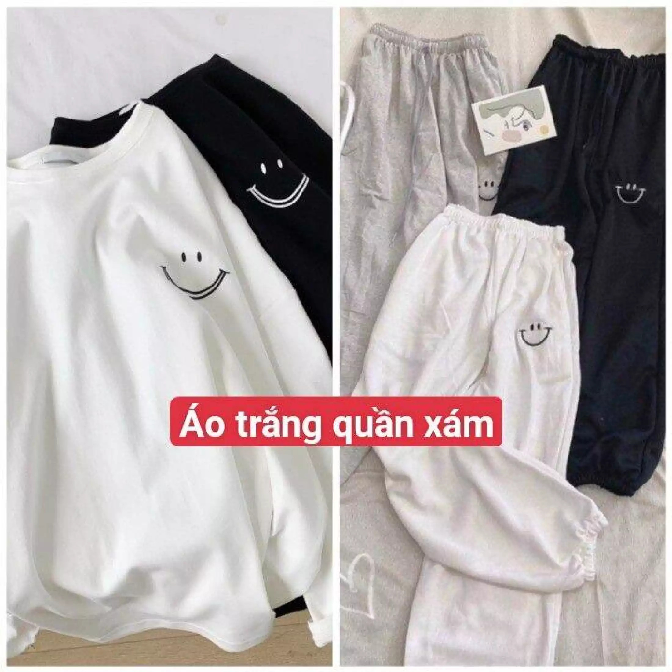 Sét bộ áo + quần hình mặt cười nam nữ mặc đều auto