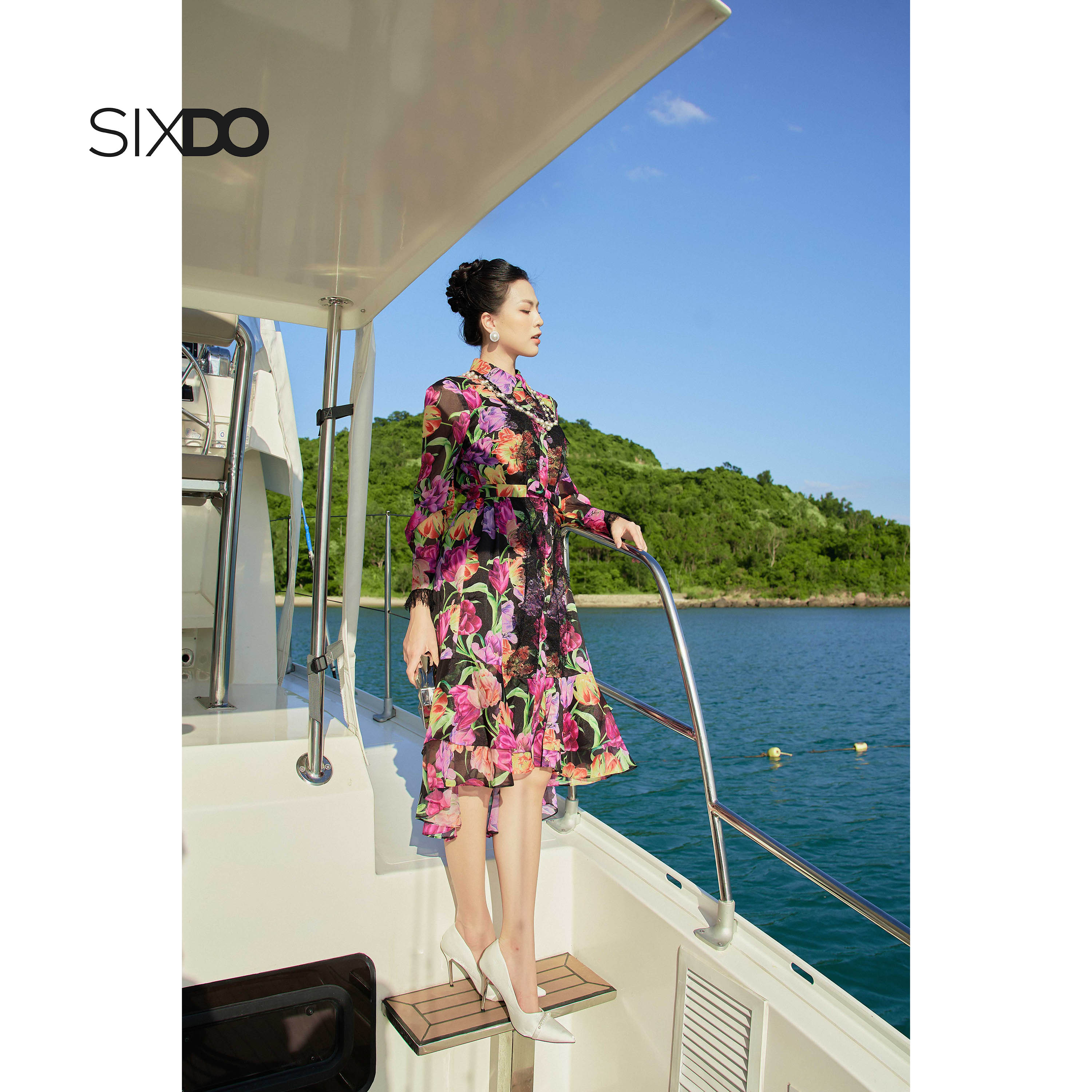 Đầm sơ mi voan hoa tay dài SIXDO (Black Tulip Shirtwaist Midi Voile Dress)